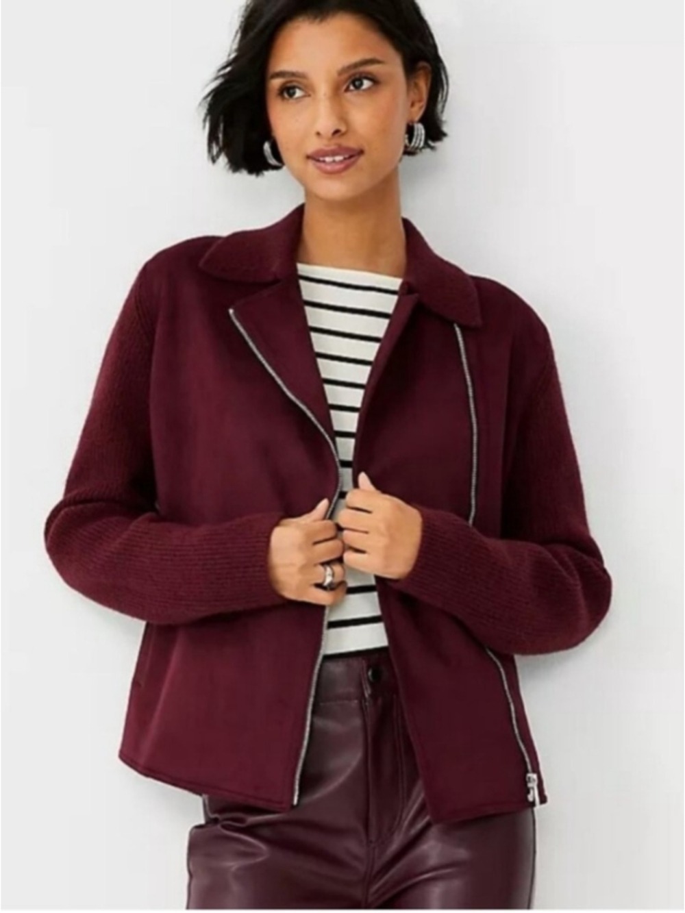 Ann Taylor Faux Suede Moto Sweater Jacket Burgundy Womens Size Medium